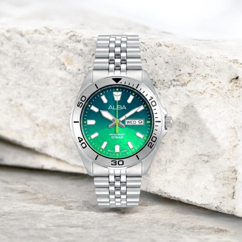 Alba Active Men Quartz Green Dial Analog Stainless Steel Watch